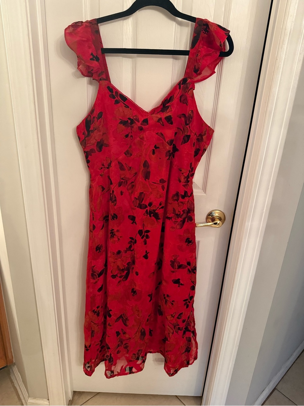 Red Floral Midi Dress with Ruffle Straps